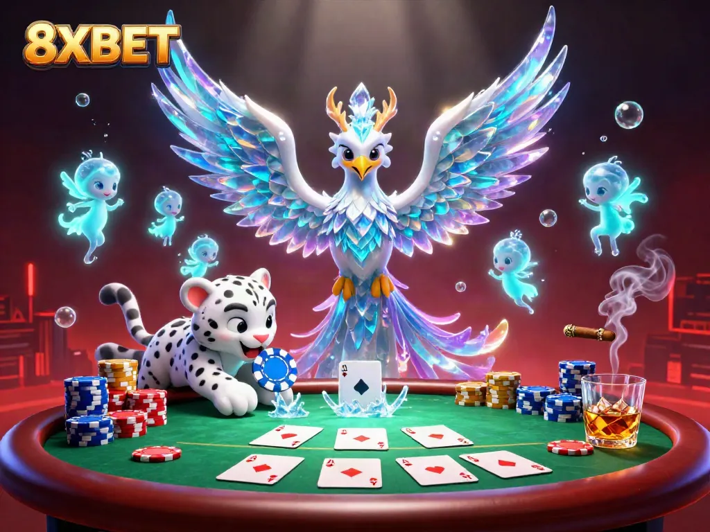 Engage with thrilling 8XBET gaming action featuring an ice phoenix and poker elements.