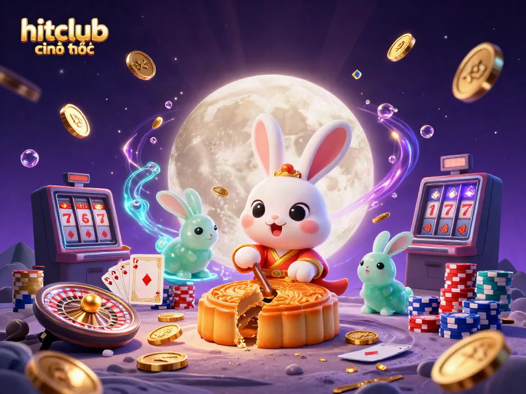 Engage with hitclub chính thức as the moon rabbit reveals poker chips from mooncakes in a vibrant gaming scene.