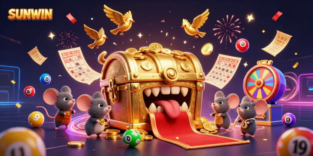 Experience the thrill of SUNWIN gaming with dynamic action featuring a golden treasure chest and colorful lottery elements.