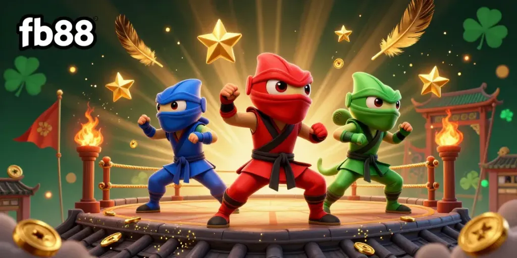 Engage with exciting betting action at fb88, featuring ninja chameleons in a vibrant martial arts scene surrounded by golden coins and betting tokens.