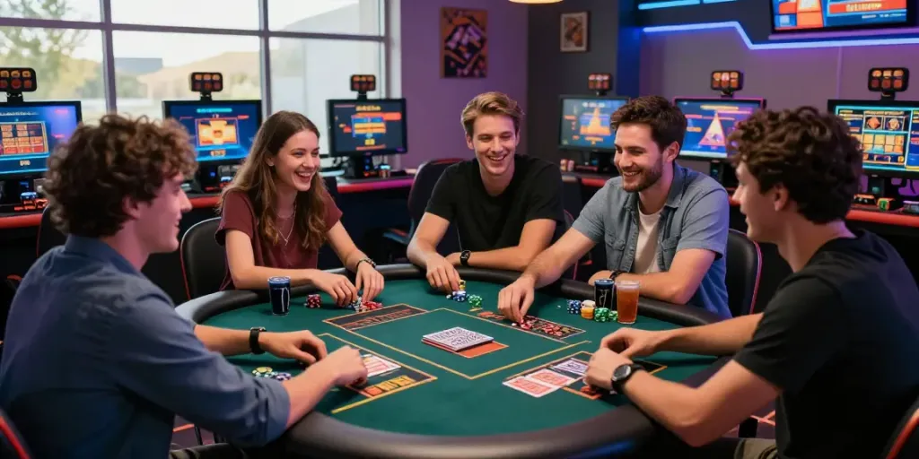 Group of friends enjoying online gaming at https://playsv88.net/ with vibrant ambiance and dynamic interaction.