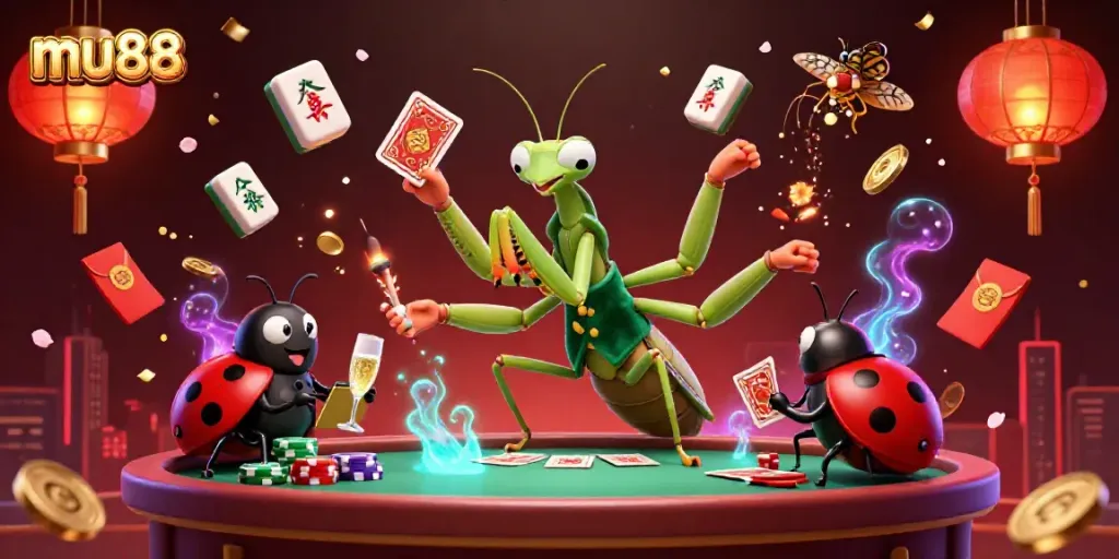 Join the vibrant mu88 casino experience with a giant mantis card sharp, ladybug pit boss, and dynamic elements in 3D.