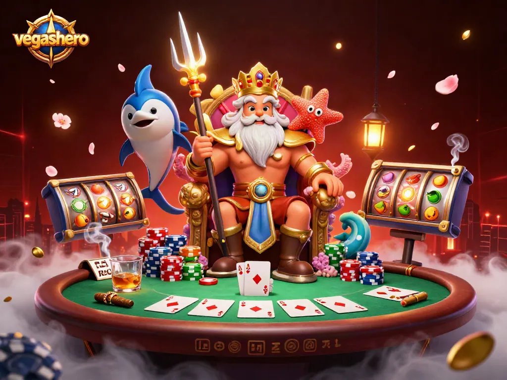 Exciting gameplay at vegashero with Neptune, the sea king amidst poker chips!