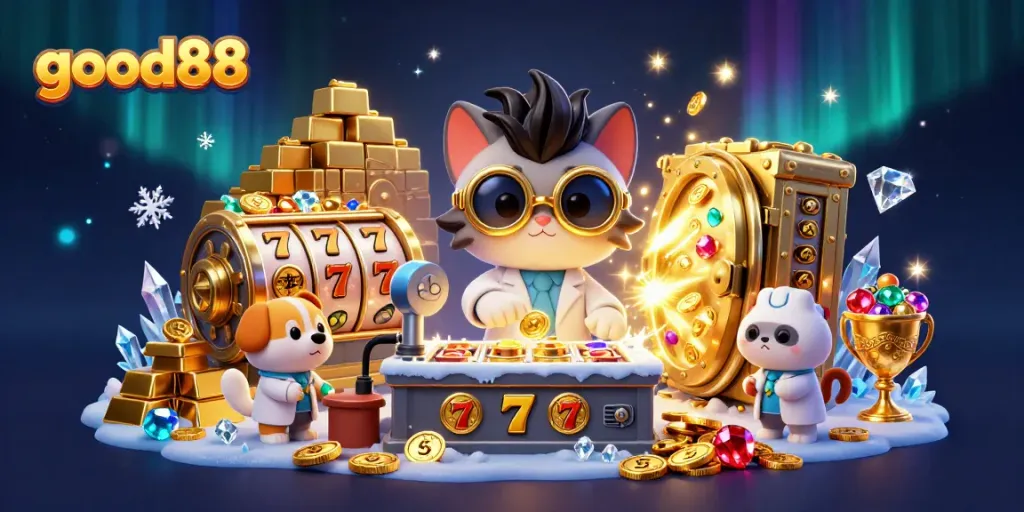 Enter the world of good88 with 3D cartoon characters enjoying a thrilling casino scene filled with slots, jackpots, and sparkling gems.