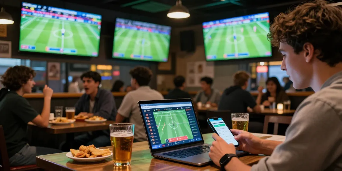 Engaging sports betting scene at a sports bar with bj88-vnd odds and predictions in full view.