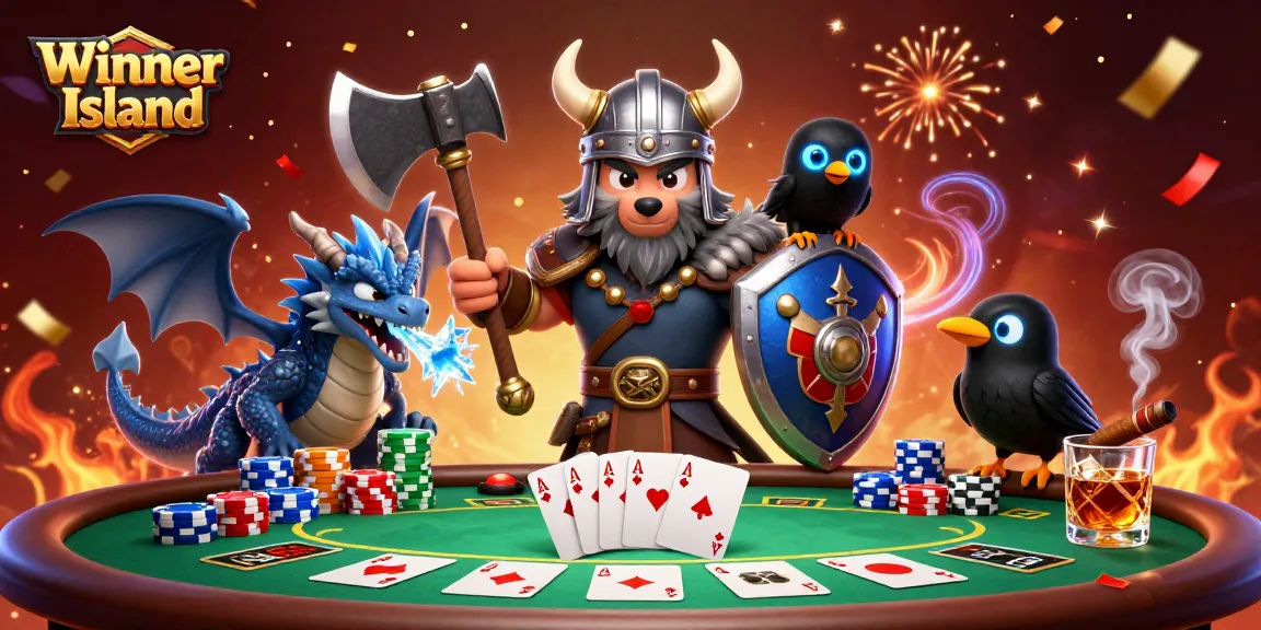 Engage with Winner Island's vibrant casino scene featuring a Viking warrior, dragon, and poker elements bursting with energy.