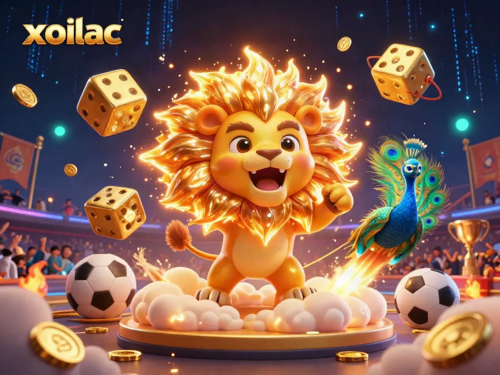 Xoilac sports betting illustration featuring a sun lion and golden dice in a vibrant stadium scene.