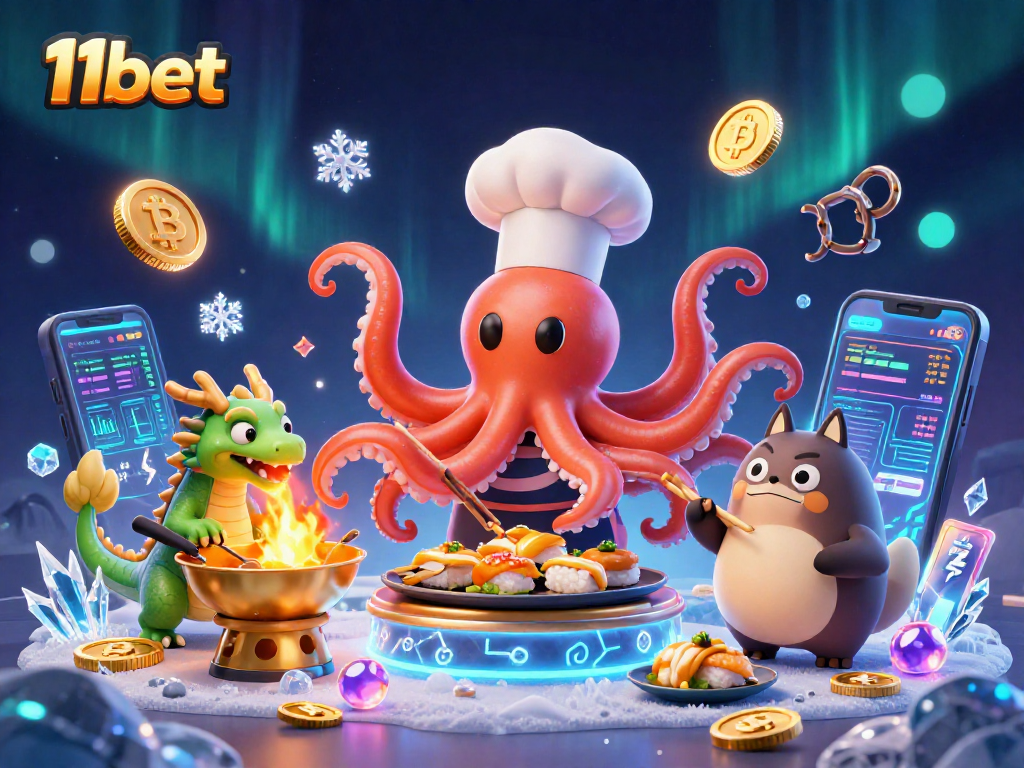 Experience thrilling bets at 11bet with a vibrant casino scene featuring unique characters and crypto elements.