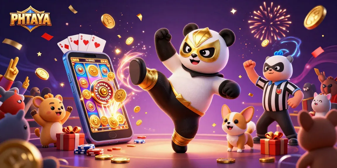 PHTAYA offers thrilling gambling experiences depicted through an action-packed scene with a wrestler panda, showcasing vibrant casino elements.