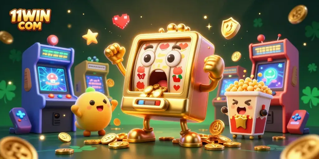 Experience the thrill of 11WIN COM with a golden slot machine hitting jackpots amidst a vibrant casino scene.