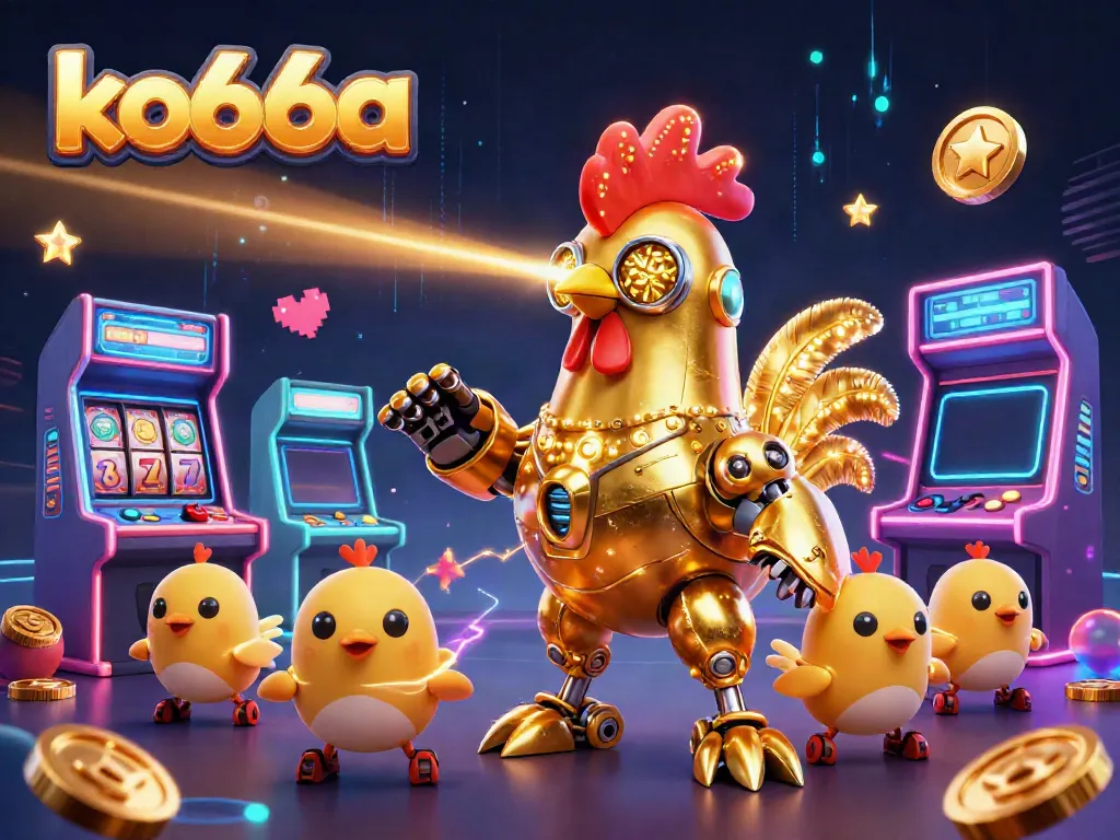 Experience thrilling wins and action with the ko66a golden rooster and baby chick drones in a vibrant arcade scene.