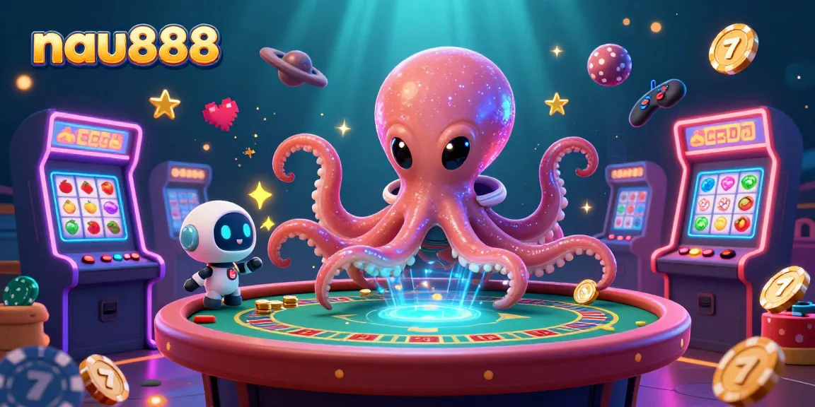 Engage with nau888's exciting slots in an ultra-detailed 3D casino scene featuring alien characters.