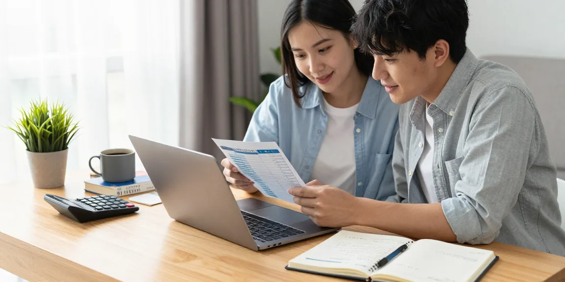 Een jong stel bekijkt hun spaarrente Nederland aan de keukentafel met laptops, notities en een calculator.