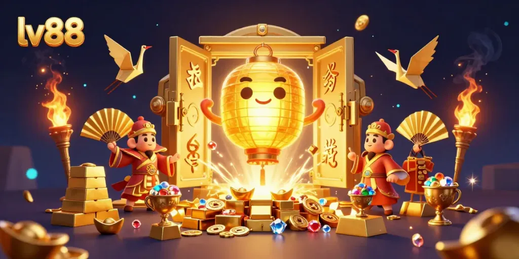 Experience the vibrant world of lv88 with a golden lantern spirit and treasures in a casino setting.