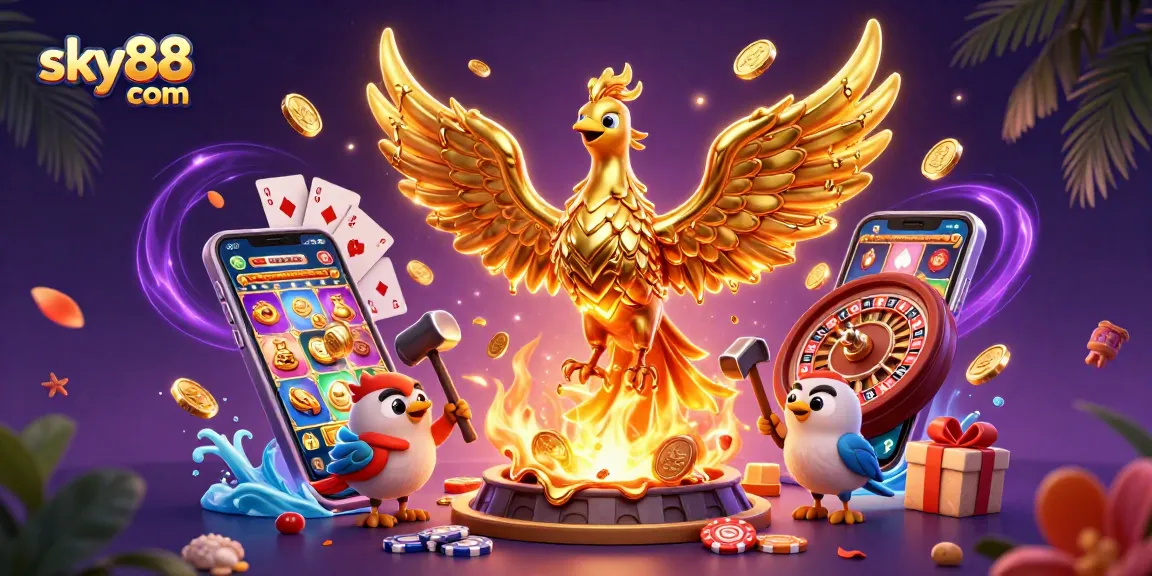 Experience thrilling gaming at sky88 com with vibrant casino elements and a majestic golden phoenix.