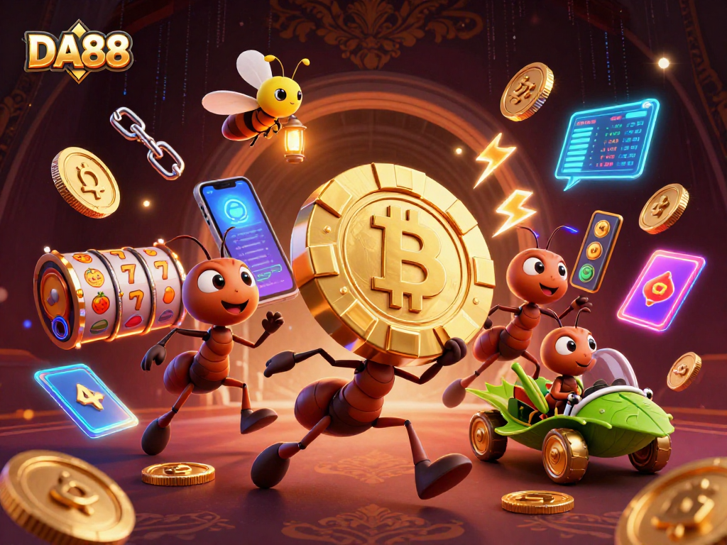 DA88 team of ants heist illustration with golden poker chip, vibrant casino elements, 3D art
