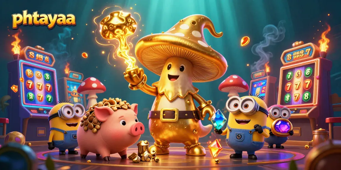 Engage with phtayaa's gold-transforming wizard amid lively slot machines in a vibrant casino scene.