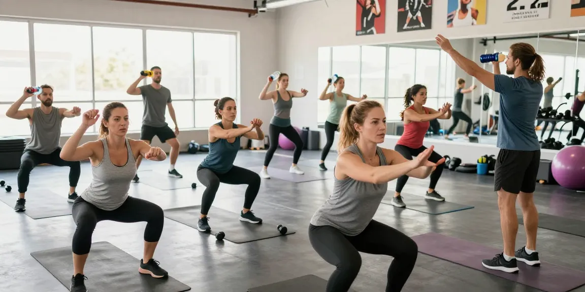 Actieve groep in de Unique Pharma Shop terwijl ze genieten van een dynamische fitnessles.