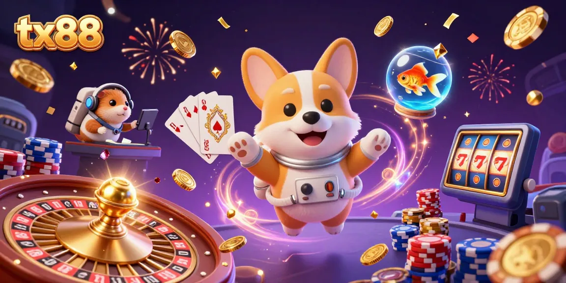 Engage in thrilling moments with tx88 at a vibrant space station casino featuring a corgi and hamster.