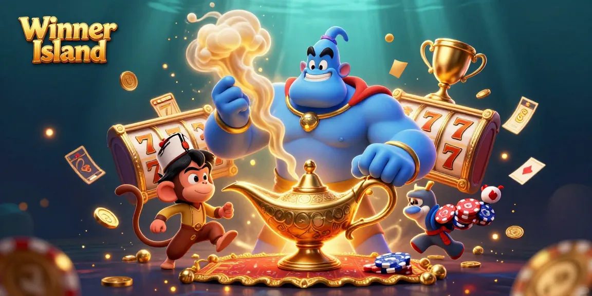 Engage in vibrant gameplay at Winner Island, featuring a magical genie, poker chips, and slot elements.