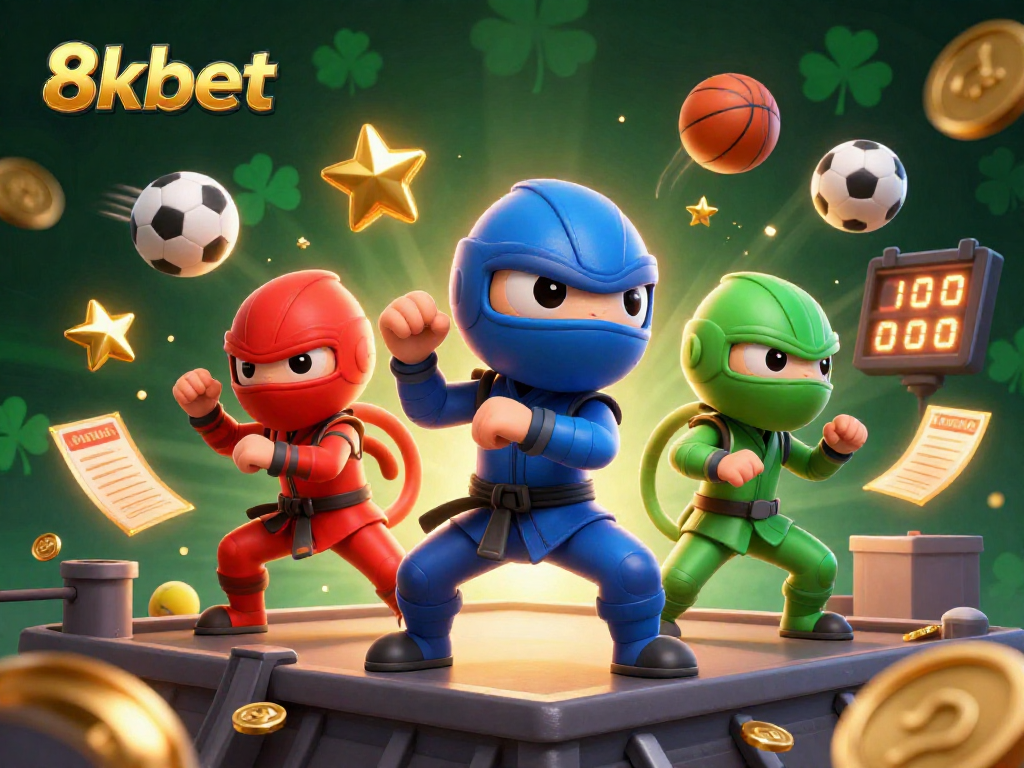 Experience fun and excitement at 8kbet with a dynamic 3D casino illustration featuring ninja chameleons and sports elements.