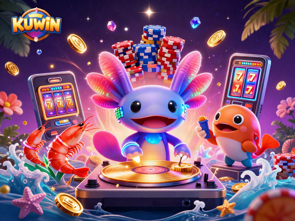KUWIN showcases a vibrant casino scene with an axolotl DJ and festive underwater elements.