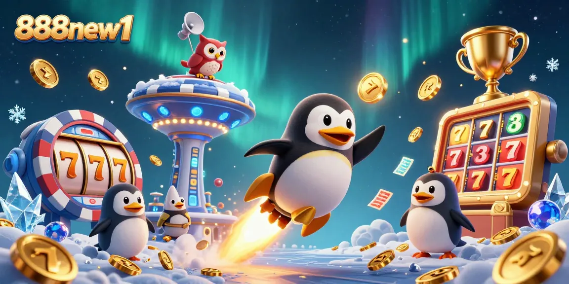 Experience the excitement of 888new1 with a golden penguin navigating a vibrant cosmic casino.