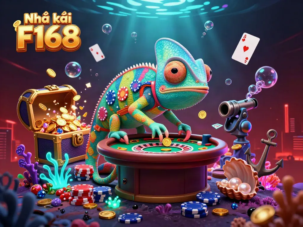 Experience the action at Nhà cái F168 with a vibrant chameleon casino owner, alongside exciting casino elements.