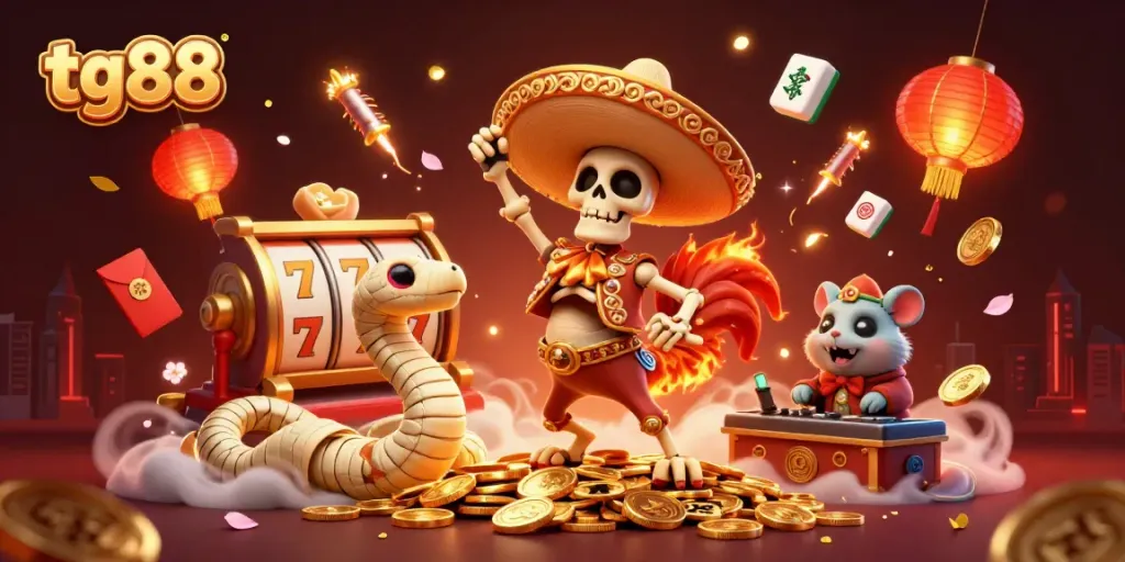 Experience thrilling gaming at tg88 with a vibrant 3D illustration of celebratory characters amidst casino excitement.