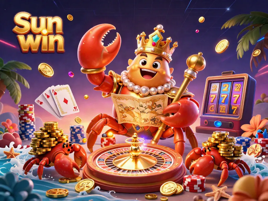Experience the thrill of Sun win with a vibrant casino scene featuring a golden crab emperor and treasure map amidst dynamic gaming elements.