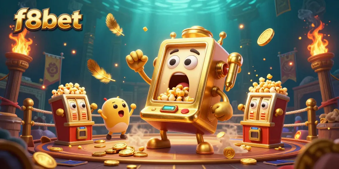 Engage with the vibrant f8bet experience as a joyful golden slot machine hits a jackpot, surrounded by cheering companions.