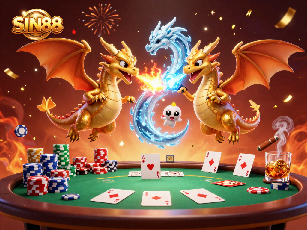 SIN88 ignites excitement with twin dragons battling in a vibrant casino scene full of poker elements.