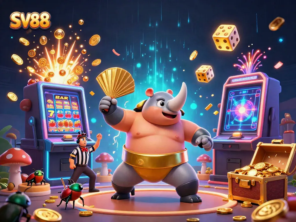 Engaging SV88 gaming scene featuring a sumo champion beetle and dynamic slots.