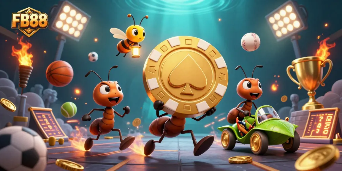 Experience a vibrant, action-packed scene with FB88 as animated ants carry a giant poker chip amid dynamic sports elements.
