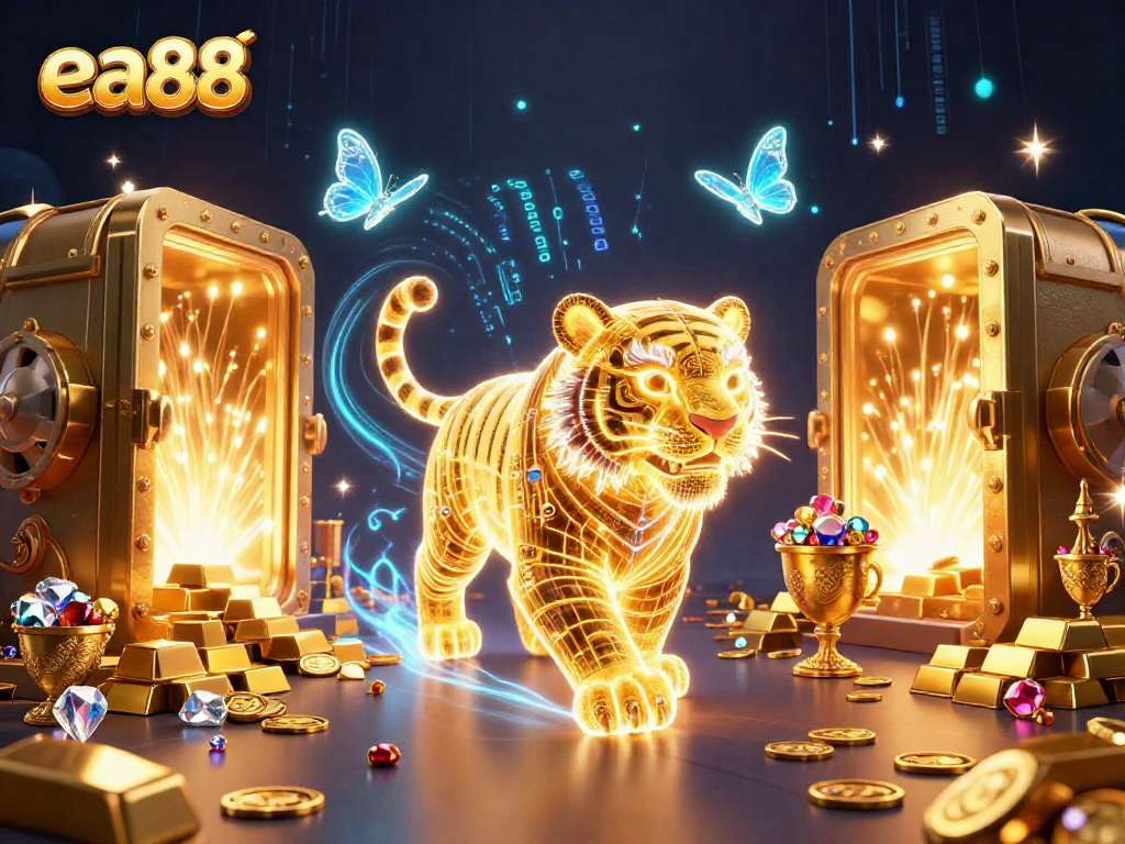 Experience excitement at ea88 with a neon tiger navigating a vibrant digital casino scene.