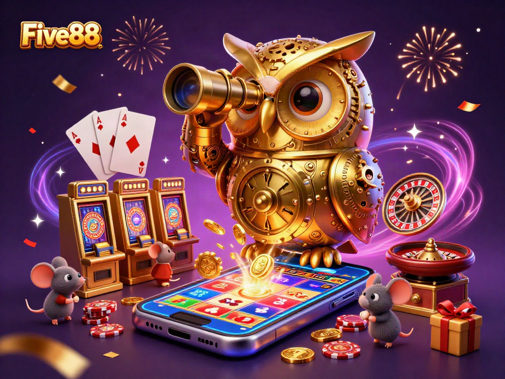Experience excitement at Five88 with a vibrant casino scene featuring a golden owl and charming mice.