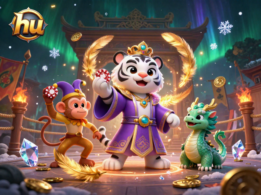 Engaging illustration of playful characters enhanced with gambling elements for hu-themed casino experiences.