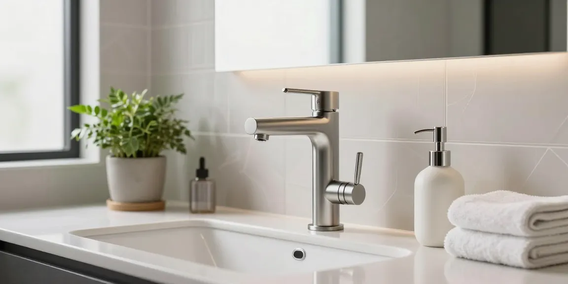 Stijlvolle design gunmetal kraan in moderne badkamer met elegante accessoires en natuurlijke verlichting.