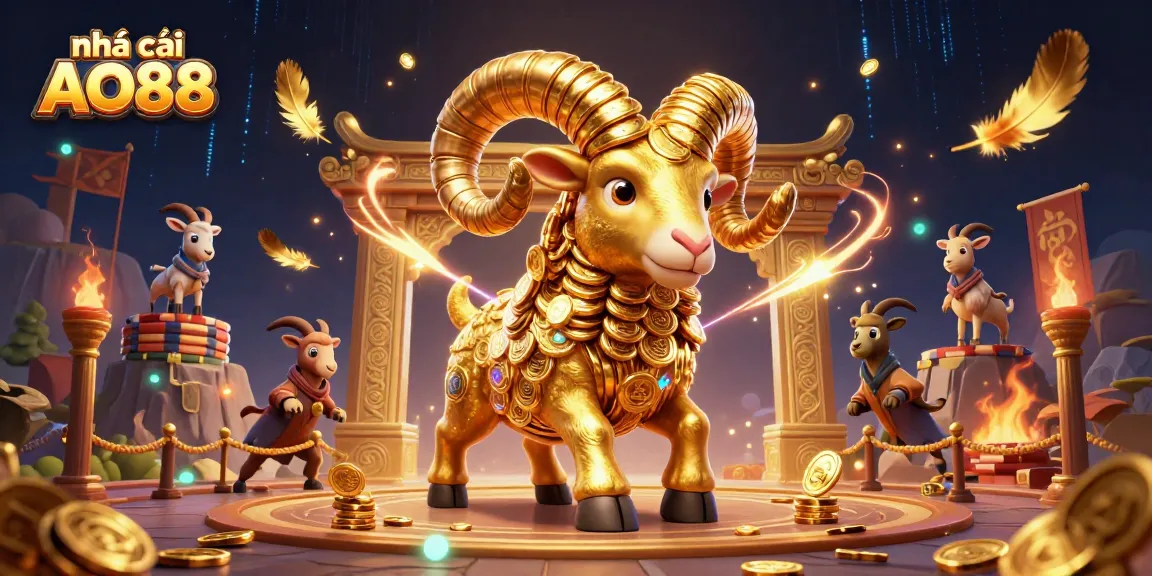 Engage in thrilling gameplay at nhà cái AO88 with a dynamic scene of golden ram charging through a vibrant casino