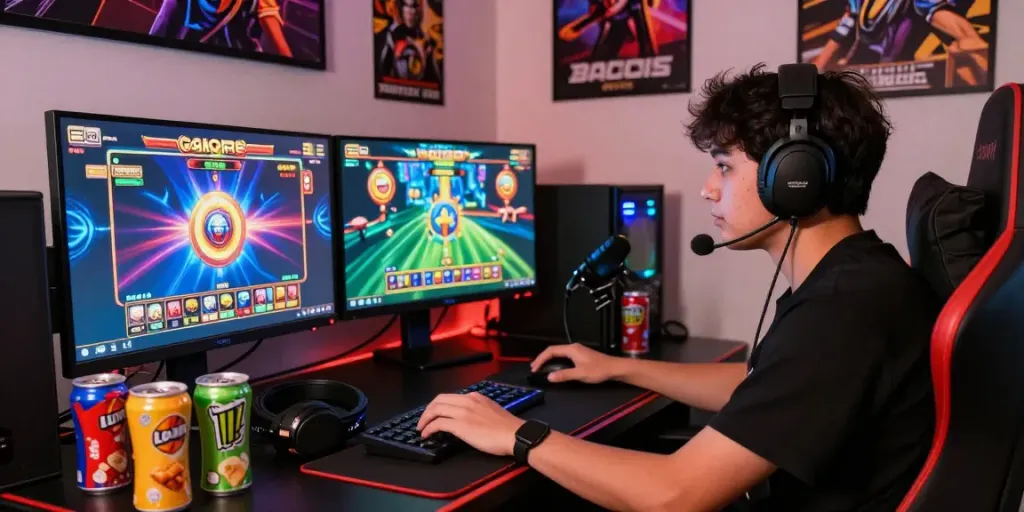 Pemain bermain slot gacor di ruang gaming modern dengan suasana ceria.