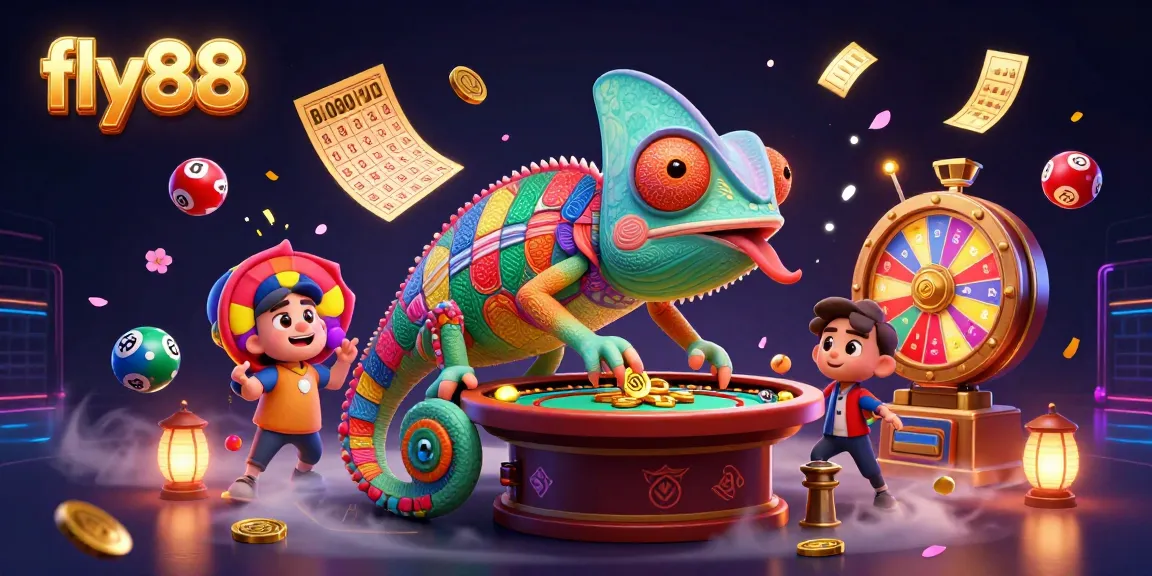 Experience the excitement of fly88 as a colorful chameleon casino owner captures golden coins and lottery balls.