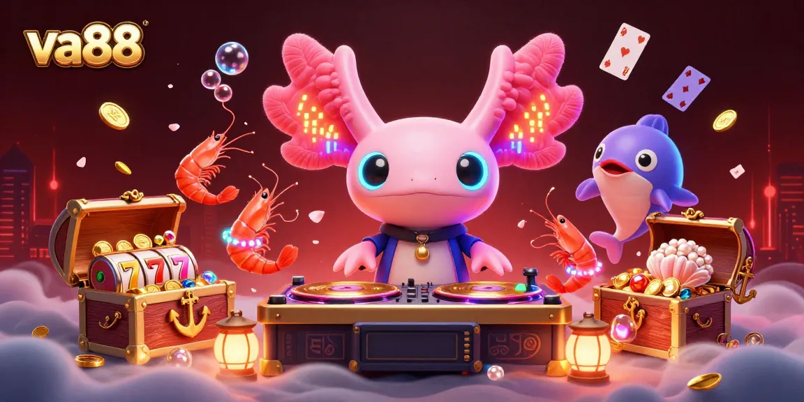 Experience the vibrant world of va88 with a neon axolotl DJ spinning slots and treasures in an underwater casino scene.