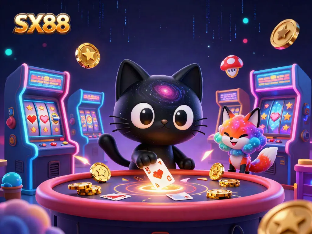 SX88 interactive cosmic casino scene with a black hole cat, colored fox, and vibrant gaming elements.