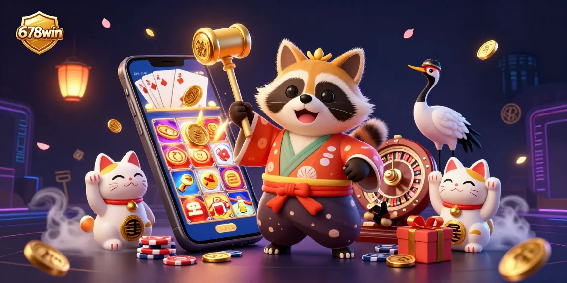 Win big with 678win in this lively 3D casino illustration featuring vibrant characters and gaming elements.