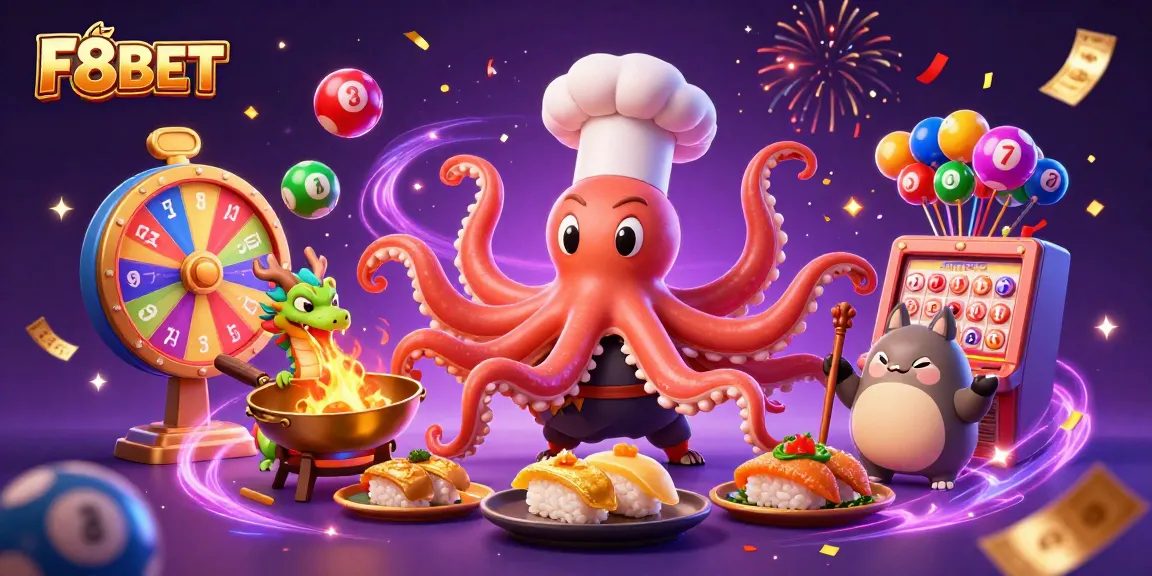Experience exciting gambling at F8BET with vibrant illustrations of casino games and characters.