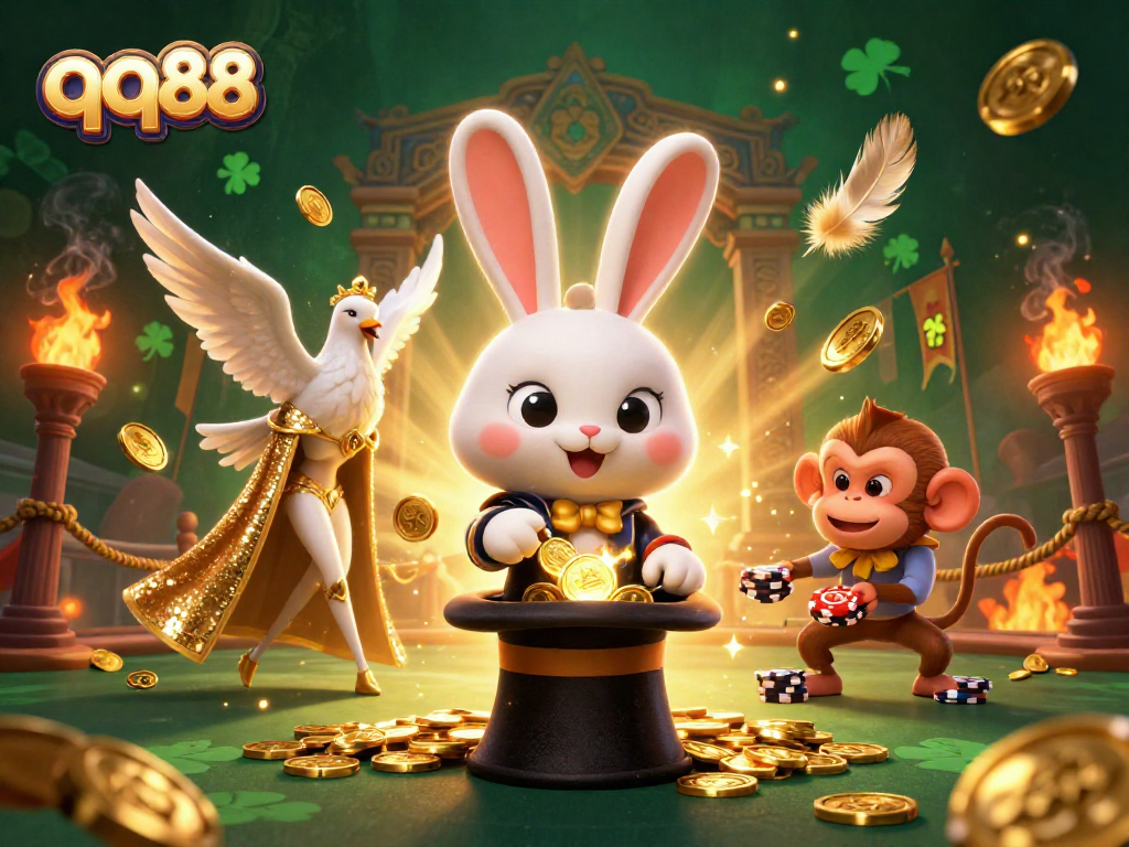 Experience the magic of qq88 with a 3D illustration showcasing magical characters amidst casino elements.