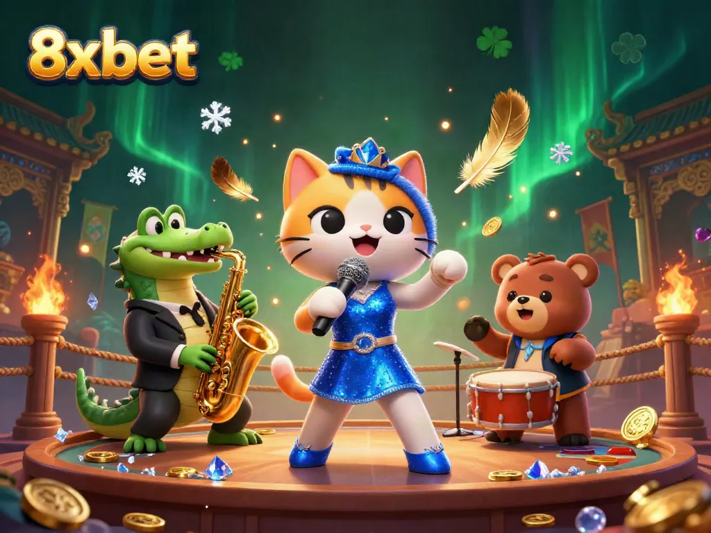 Experience the excitement of 8xbet with a jazzy cat singer and dynamic casino background.