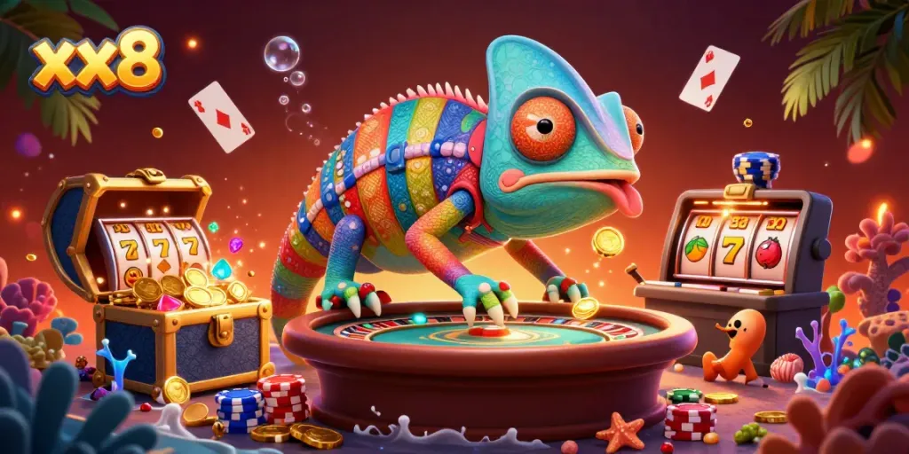 Experience the vibrant world of xx8 with a colorful chameleon casino owner snatching golden coins in a bustling gaming scene.