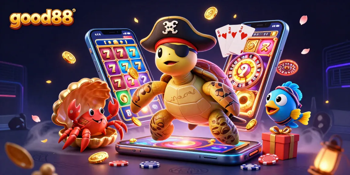 Engage with good88's dynamic gaming experience featuring a pirate turtle, golden crab, and vibrant casino elements.