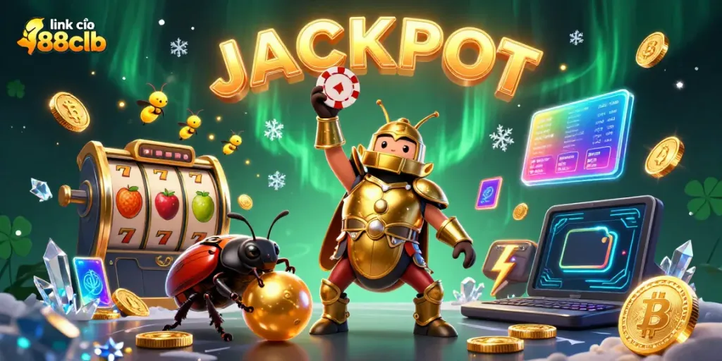 Engage with link vào 88clb as a cartoon beetle triumphantly holds a poker chip amidst bright casino elements.